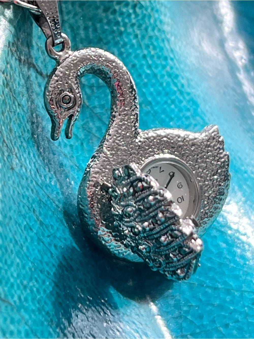 Vintage Silver Swan Pendant Watch Necklace with Marcasite